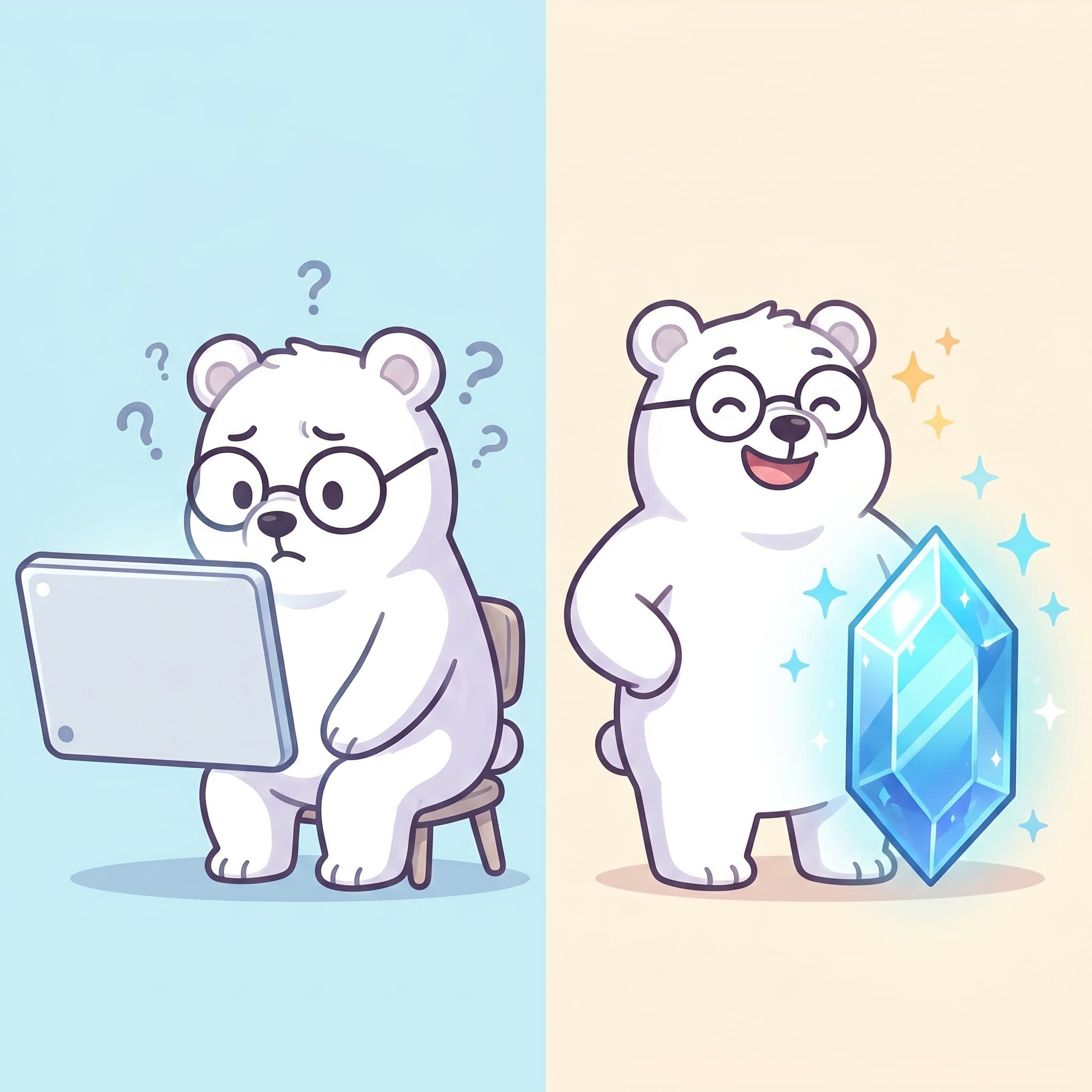 ซ้าย: หมีงงหน้าจอแชตเปล่า · ขวา: หมีมั่นใจพร้อมเพชร Gem